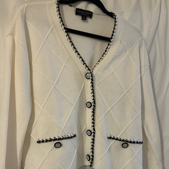 Laundry By Shelli Segal Cream Cardigan with Black Trim - Picture 1 of 5